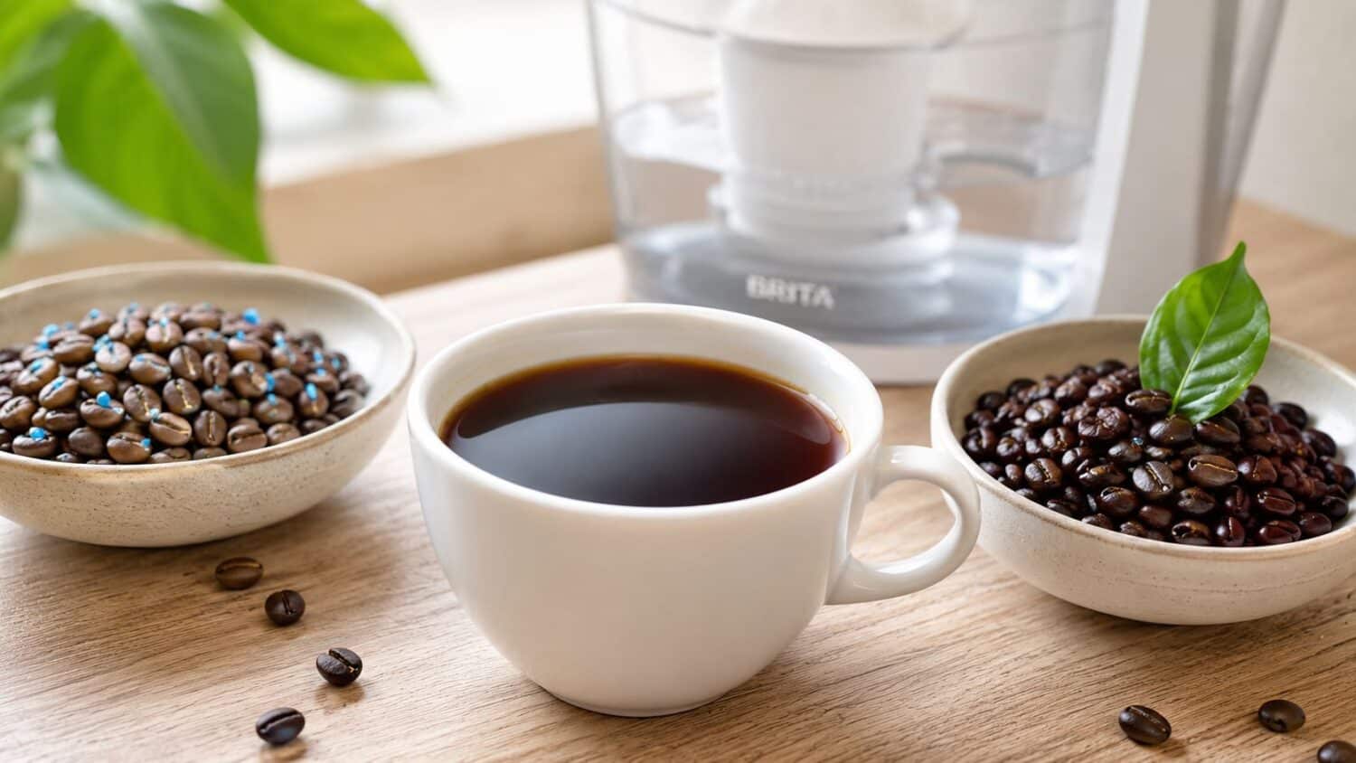 White cup of black coffee with coffee beans and Brita water filter
