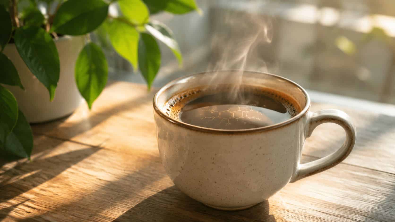 A steaming ceramic mug of black coffee sitting on a wooden table with a plant nearby.