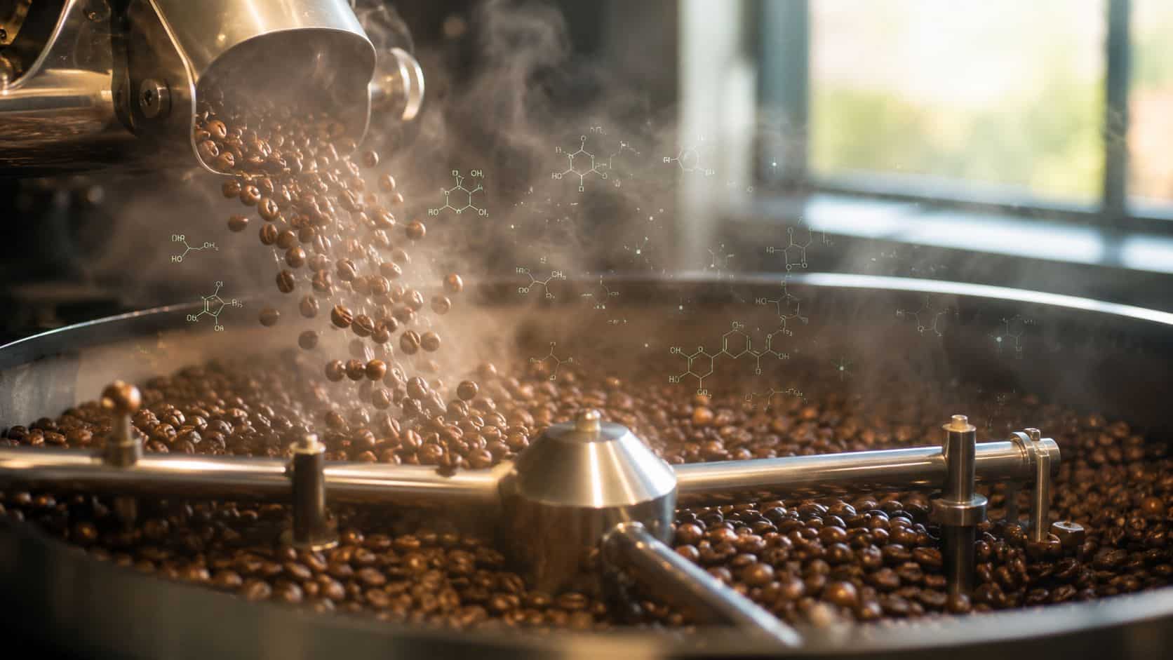 A professional coffee roaster machine cooling freshly roasted coffee beans with chemical molecule structures floating above.
