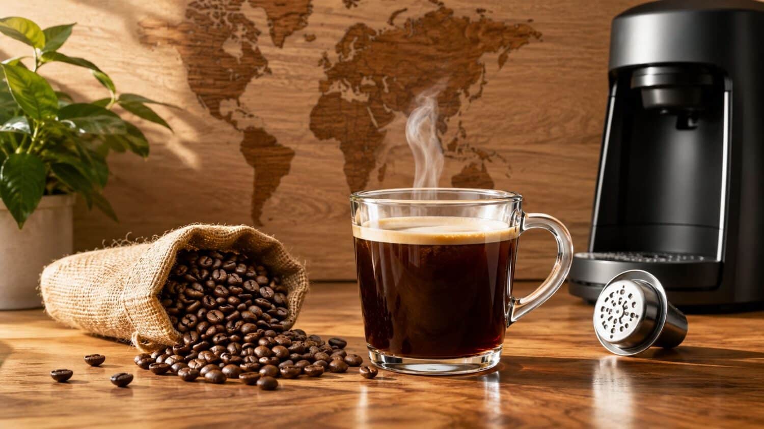 Freshly brewed coffee in a glass mug next to a burlap sack of coffee beans and a coffee maker.