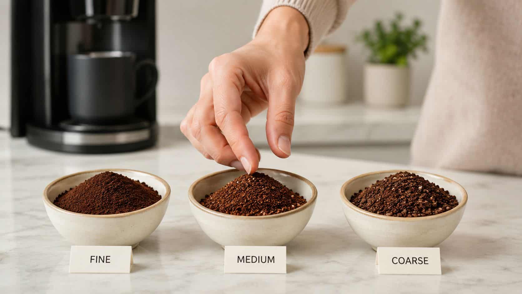 A hand reaching towards a bowl of medium ground coffee surrounded by fine and coarse coffee grounds.