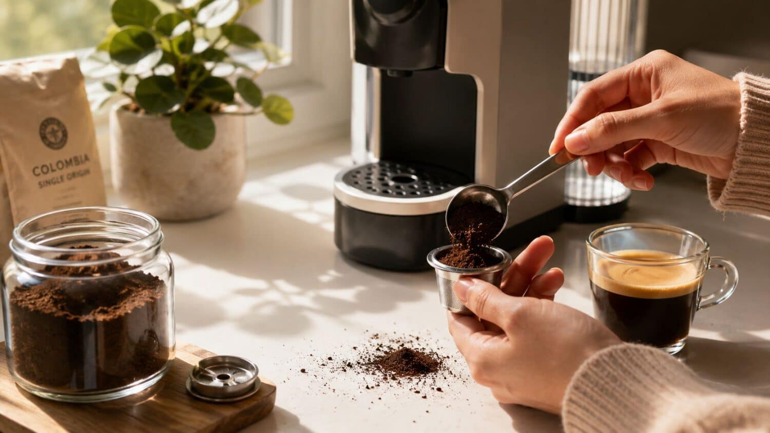 Person tamping coffee grounds into a reusable pod for a coffee machine.