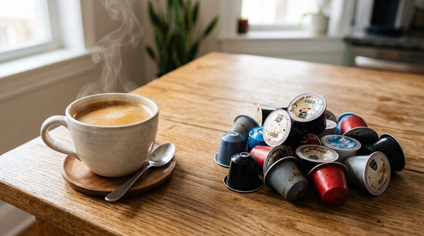 A steaming cup of fresh coffee next to a pile of used coffee capsules on a wooden table.