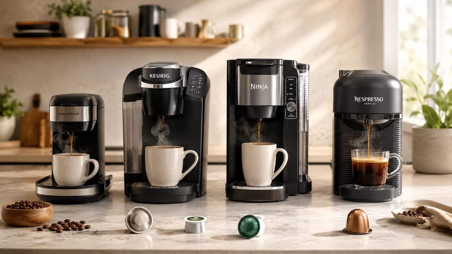 Coffee machines including Keurig, Ninja, and Nespresso brewing coffee with cups