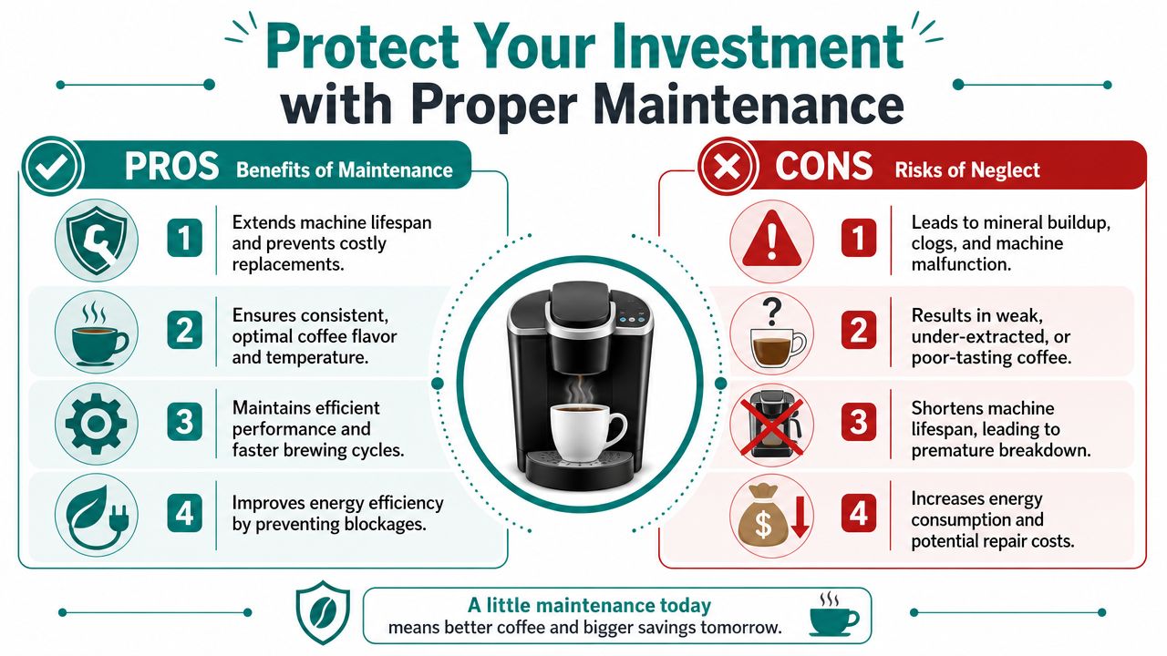 An infographic comparing the benefits of maintaining a coffee maker versus the risks of neglecting it.