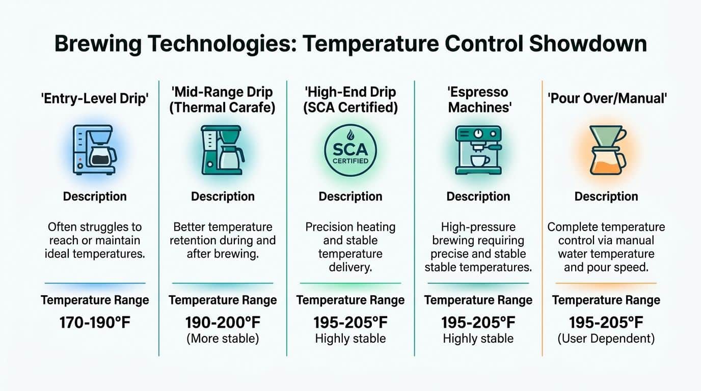 A comparative chart showing temperature control ranges for different coffee brewing methods and their specific technological characteristics.