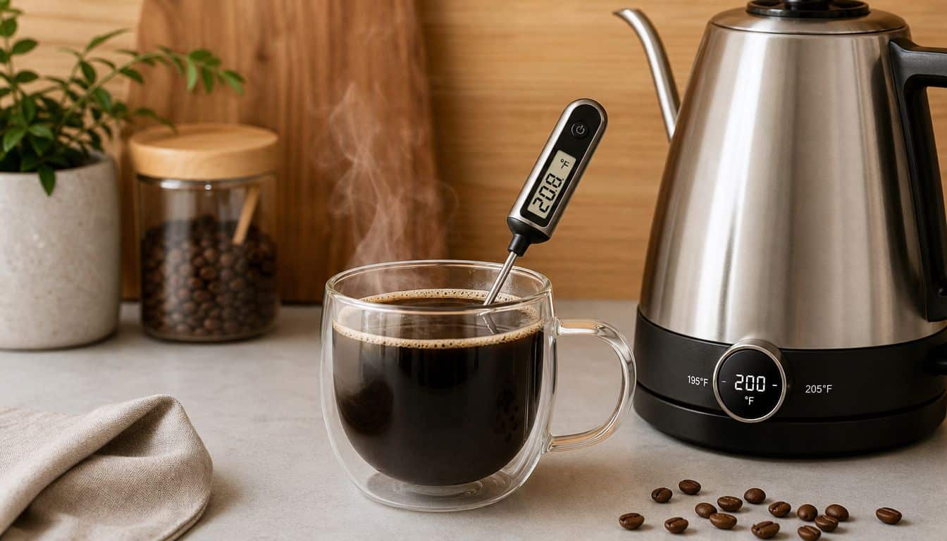 Coffee mug with digital thermometer on kitchen counter next to coffee beans