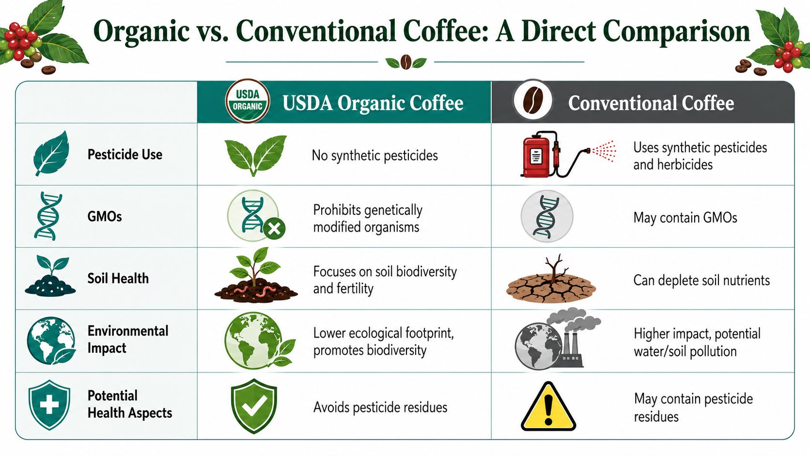 A comparison chart showing the differences between USDA organic coffee and conventional coffee across five key categories.