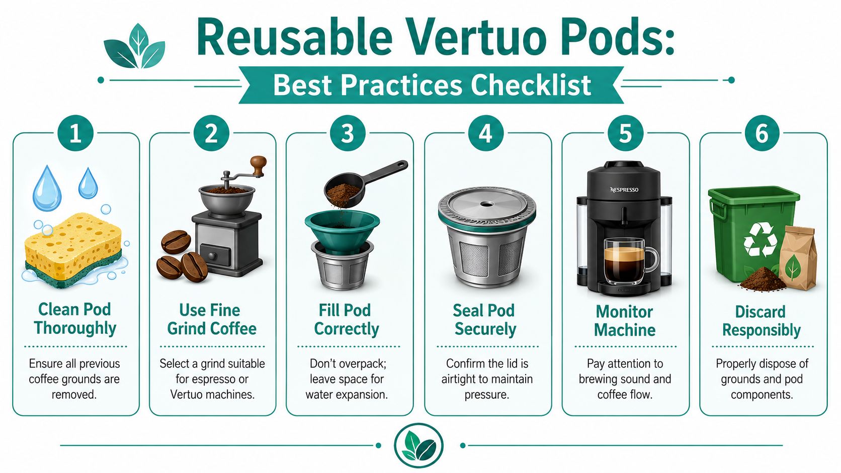 A checklist infographic detailing six essential steps for effectively using reusable Vertuo coffee pods at home.
