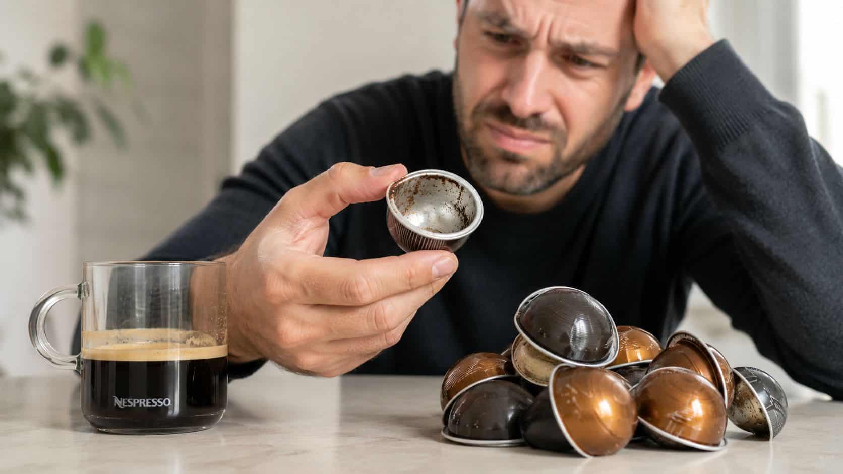 A frustrated man looking at an empty used Nespresso coffee pod next to a filled glass mug.