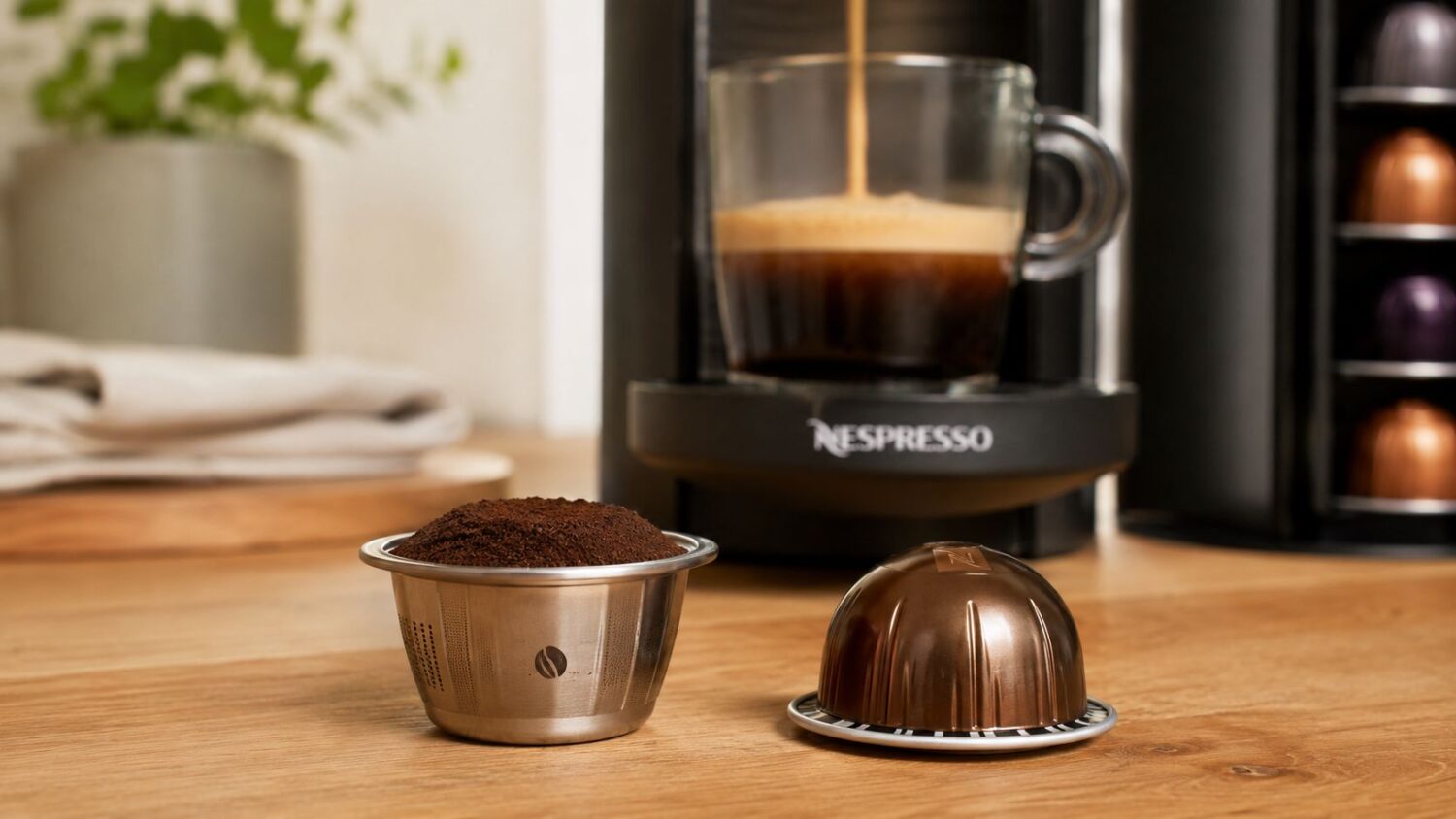 Nespresso coffee machine brewing espresso, with a reusable coffee capsule and filter basket