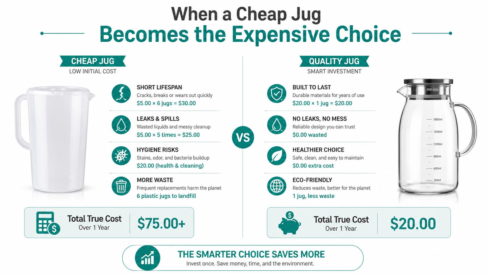 An infographic comparing the long-term cost and environmental benefits of a cheap plastic jug versus a quality glass jug.