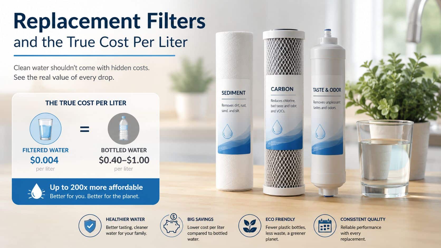 A comparison showing that filtered water costs significantly less per liter than buying individual bottled water.