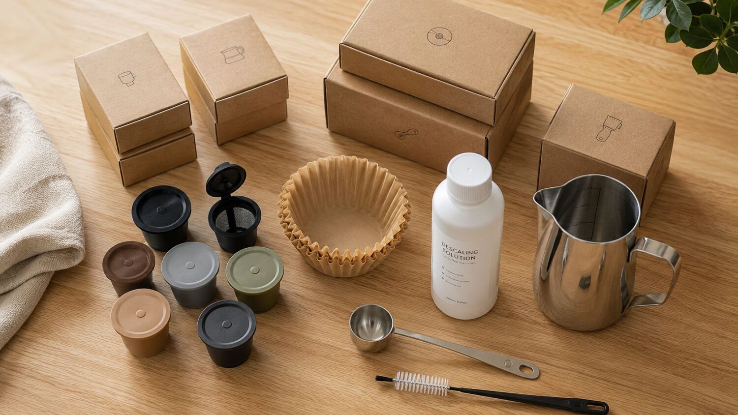 Coffee capsules, filters, descaling solution, and accessories