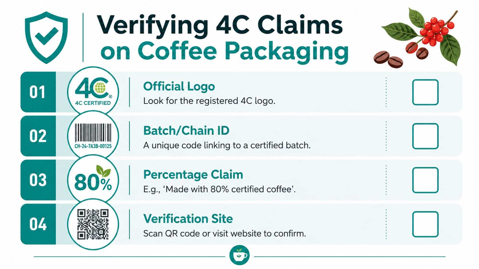 An infographic showing four steps to verify 4C certification claims on coffee packaging, including logos and QR codes.