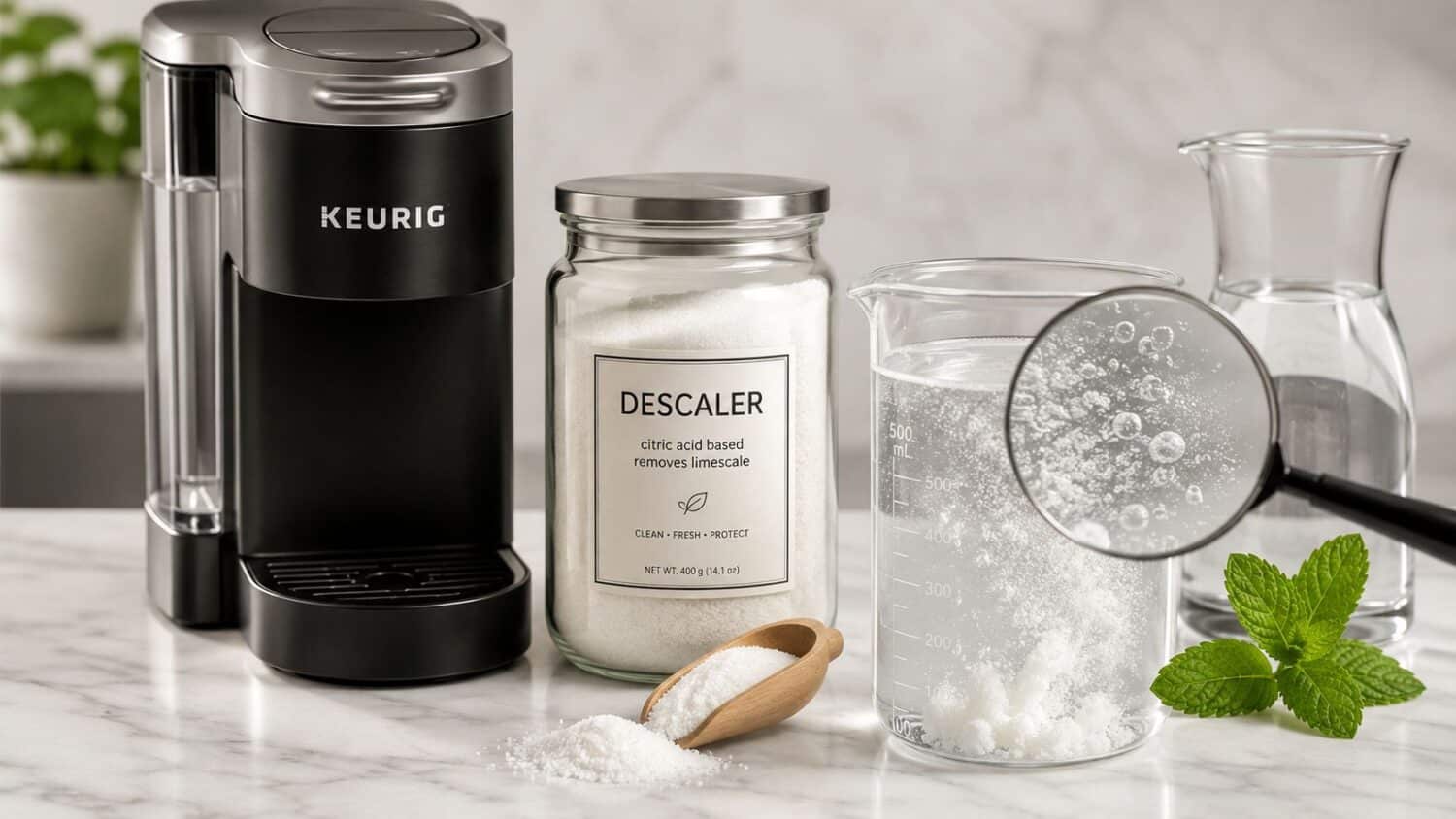 Keurig descaler kit with citric acid descaler powder and water