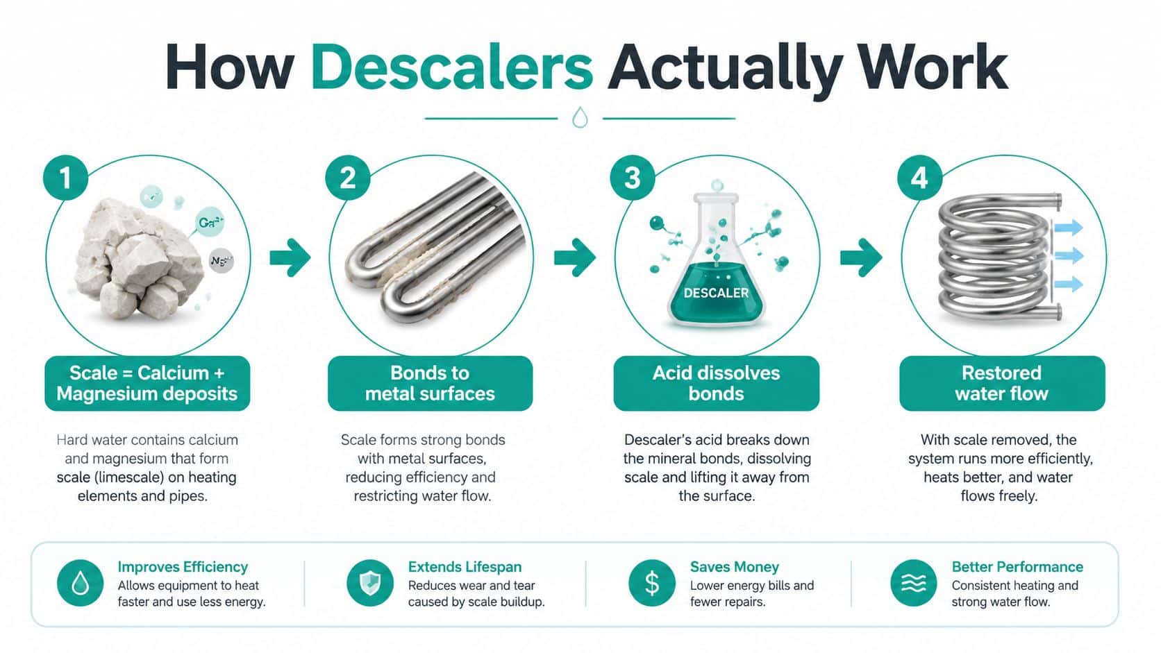 A four-step infographic illustrating how descalers remove calcium and magnesium deposits from metal heating elements and pipes.