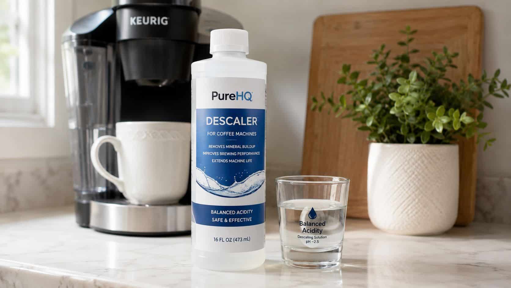 A bottle of PureHQ coffee machine descaler next to a glass of liquid and a Keurig brewer.