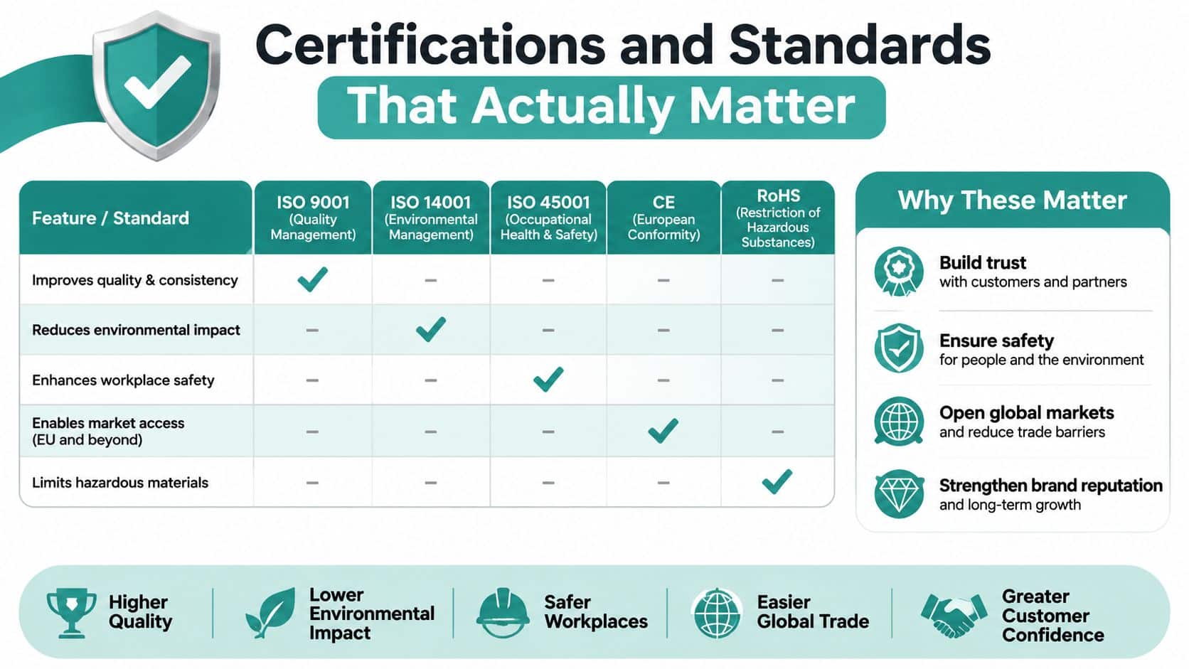 A chart detailing international business certifications including ISO standards, CE marking, and RoHS compliance requirements.