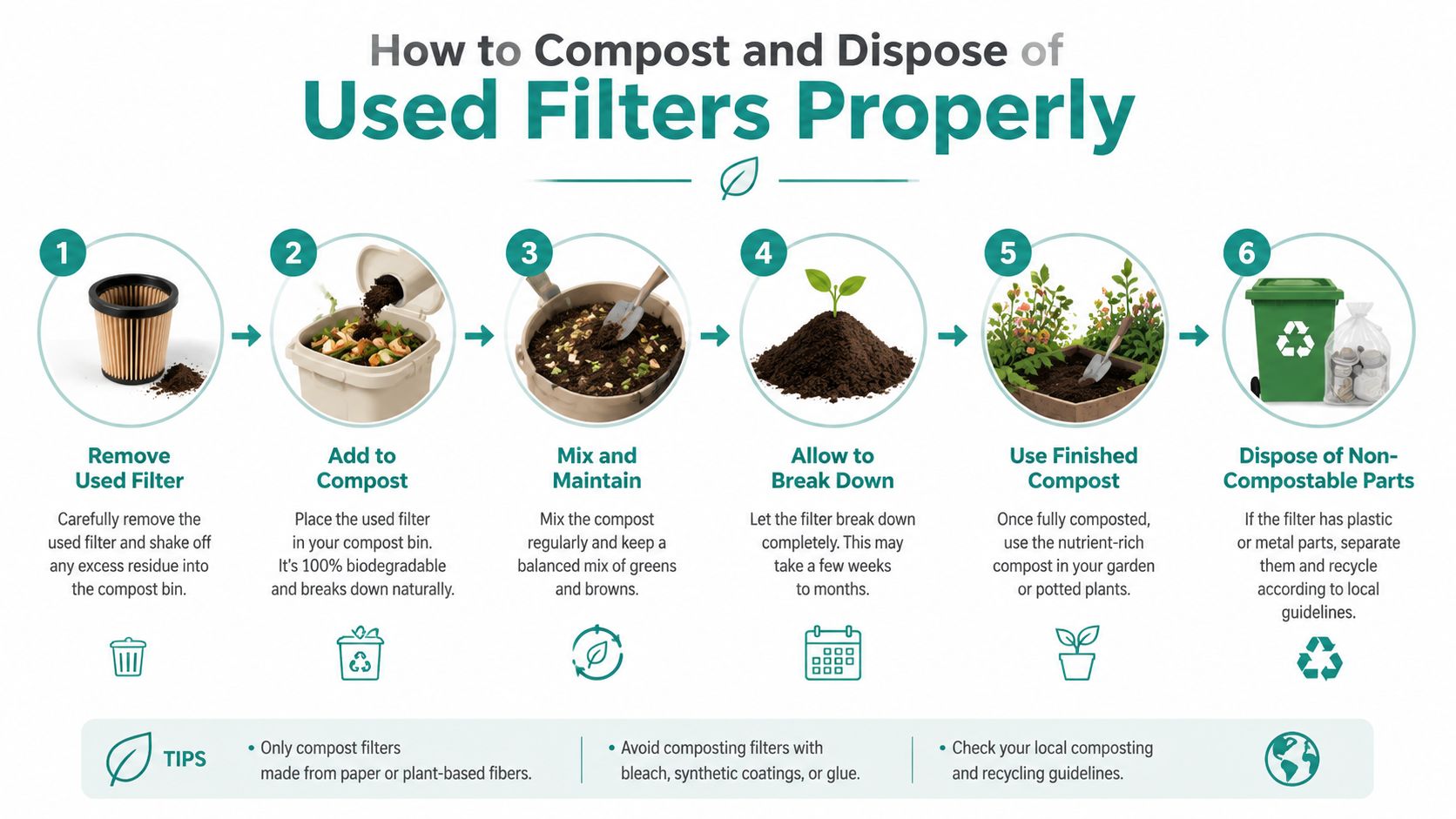 An infographic showing six simple steps on how to properly compost and dispose of used biodegradable filters.