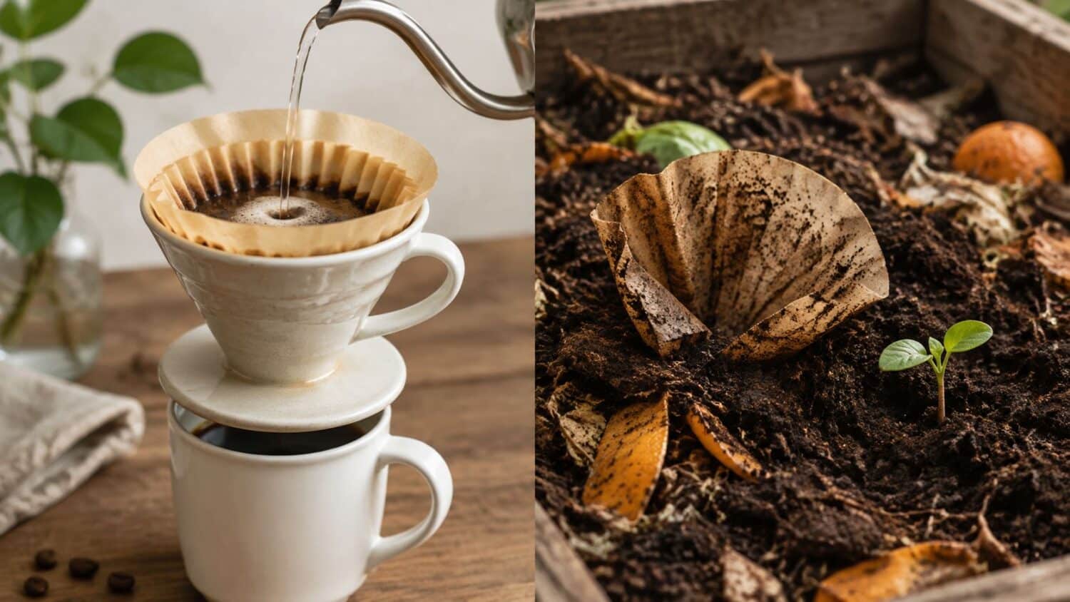 Coffee brewing and compost bin with seedling