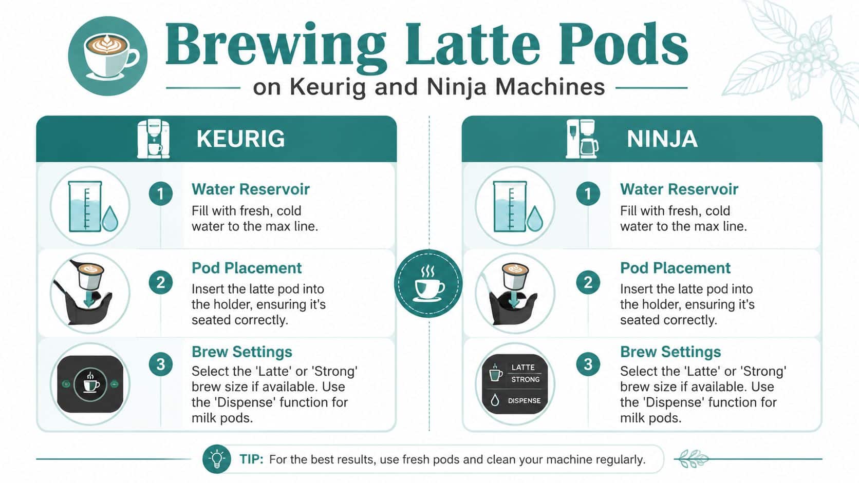 An instructional infographic showing step-by-step instructions for brewing latte pods on Keurig and Ninja coffee machines.