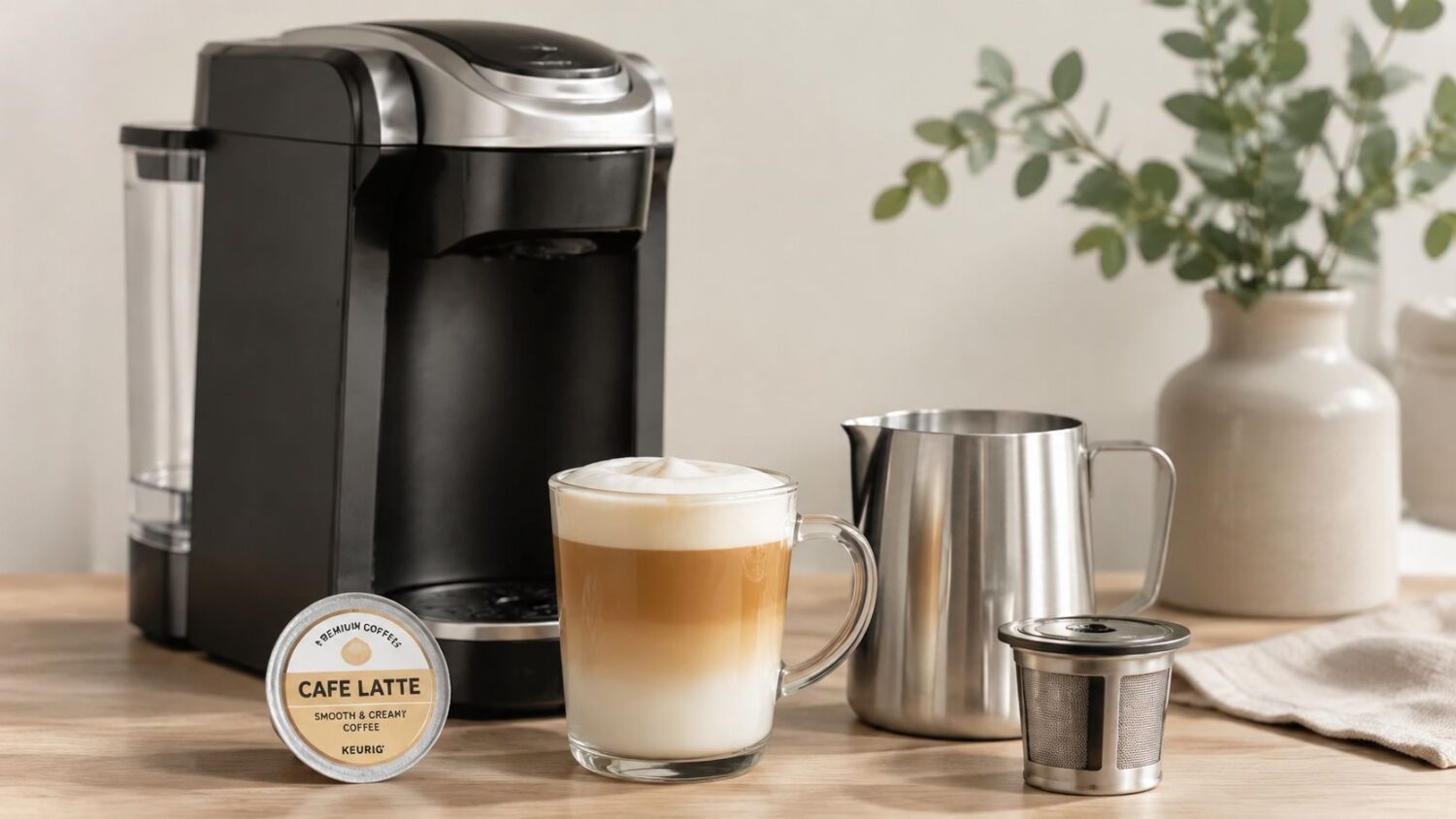 Keurig coffee maker, cafe latte pod, layered latte in glass, and milk pitcher