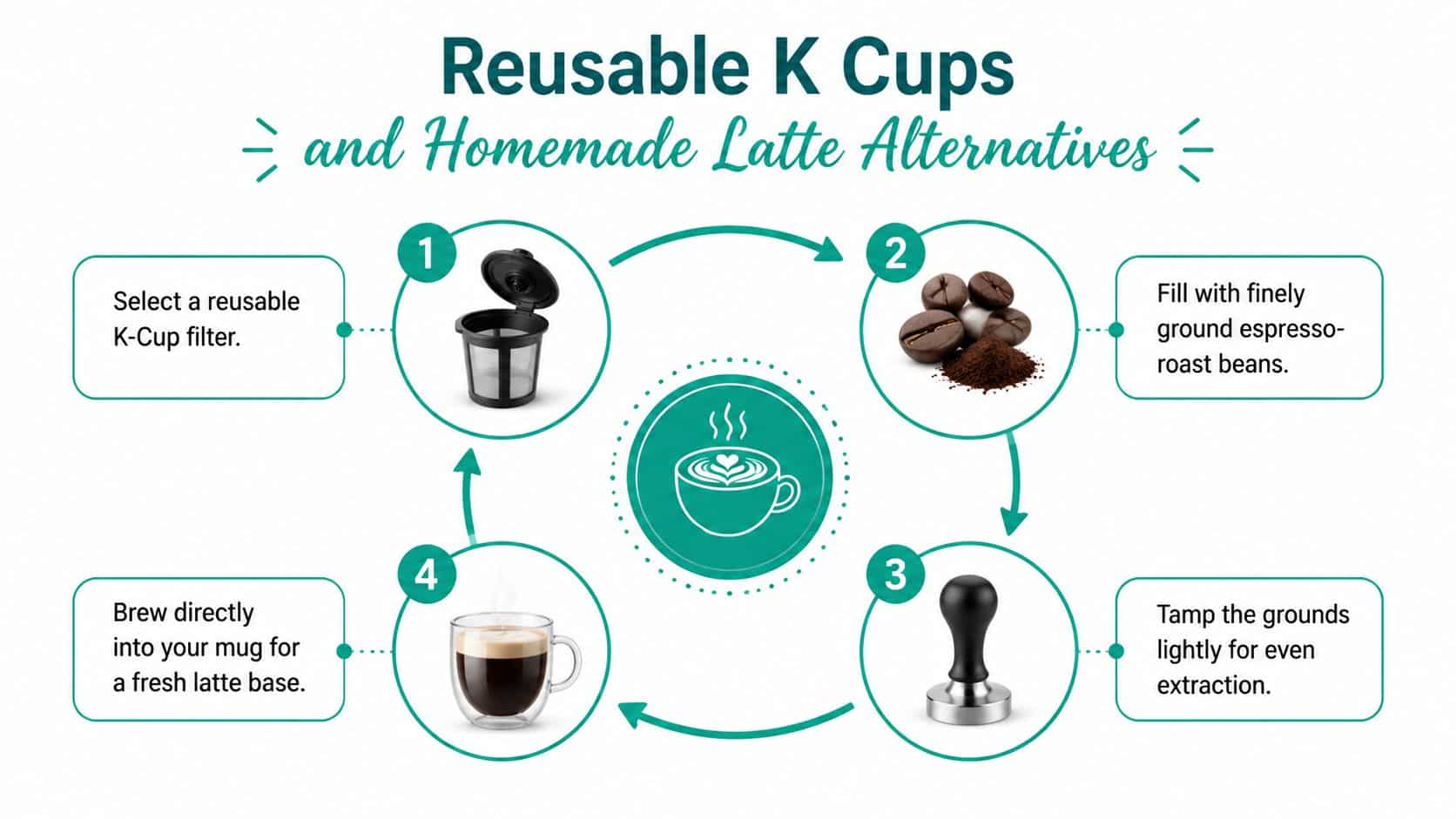 An infographic showing a four-step process for making a latte base using a reusable K-Cup filter.