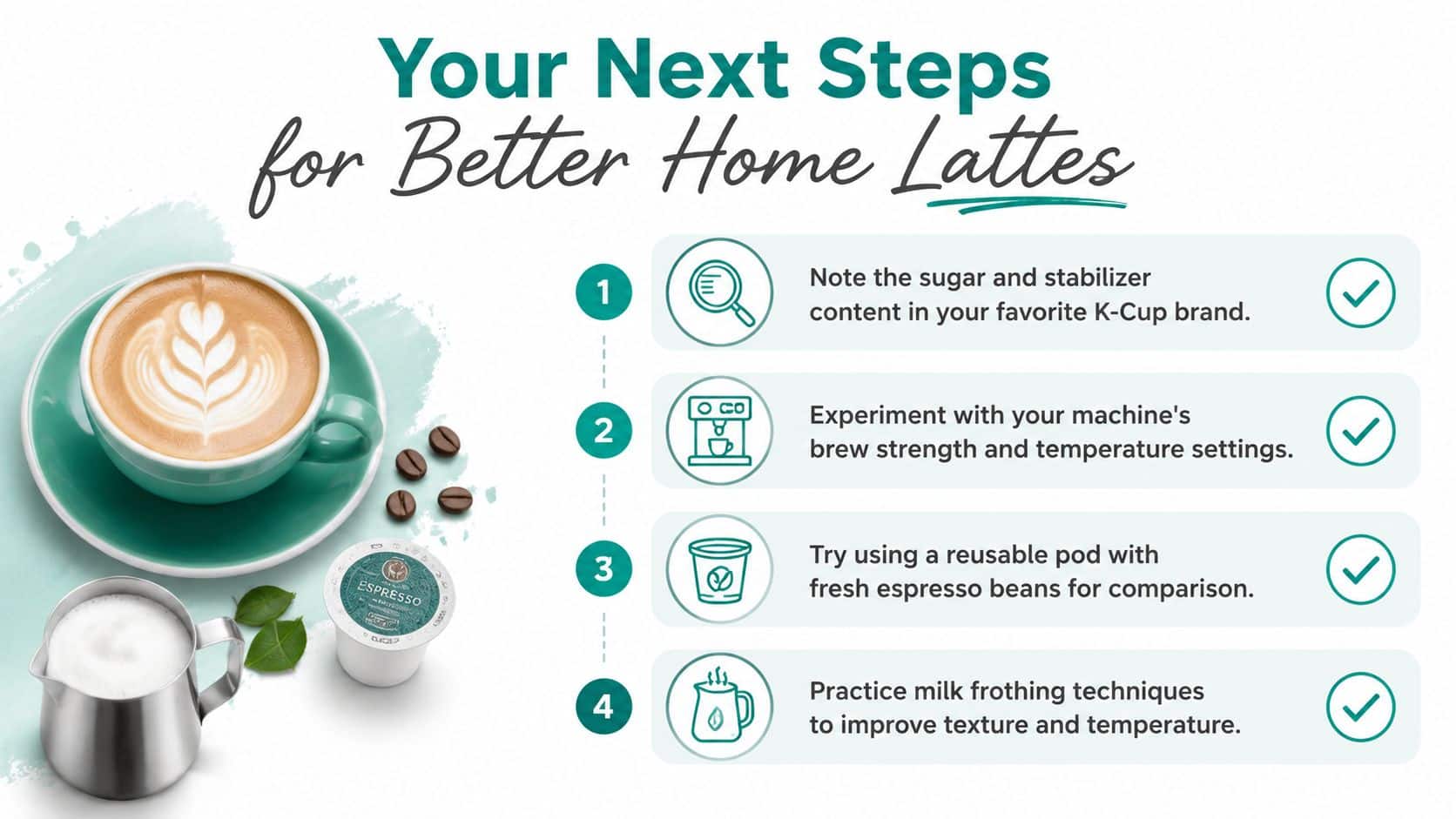 A four-step infographic providing tips for brewing better cafe lattes at home using K-Cup pods.