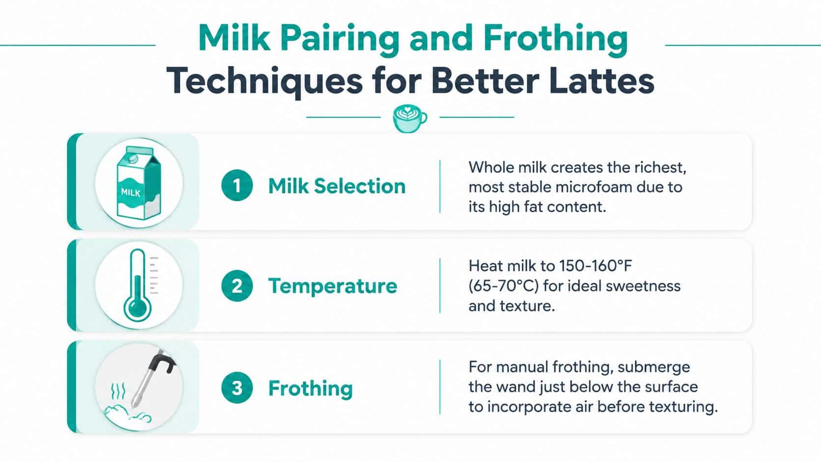 An infographic detailing three essential tips for creating high-quality milk froth for latte coffee drinks.