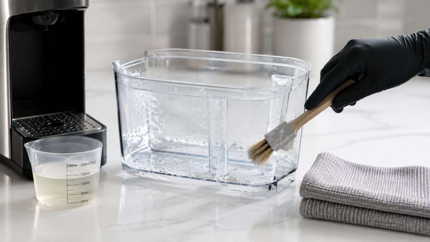 Hand in glove cleaning coffee maker water tank with brush