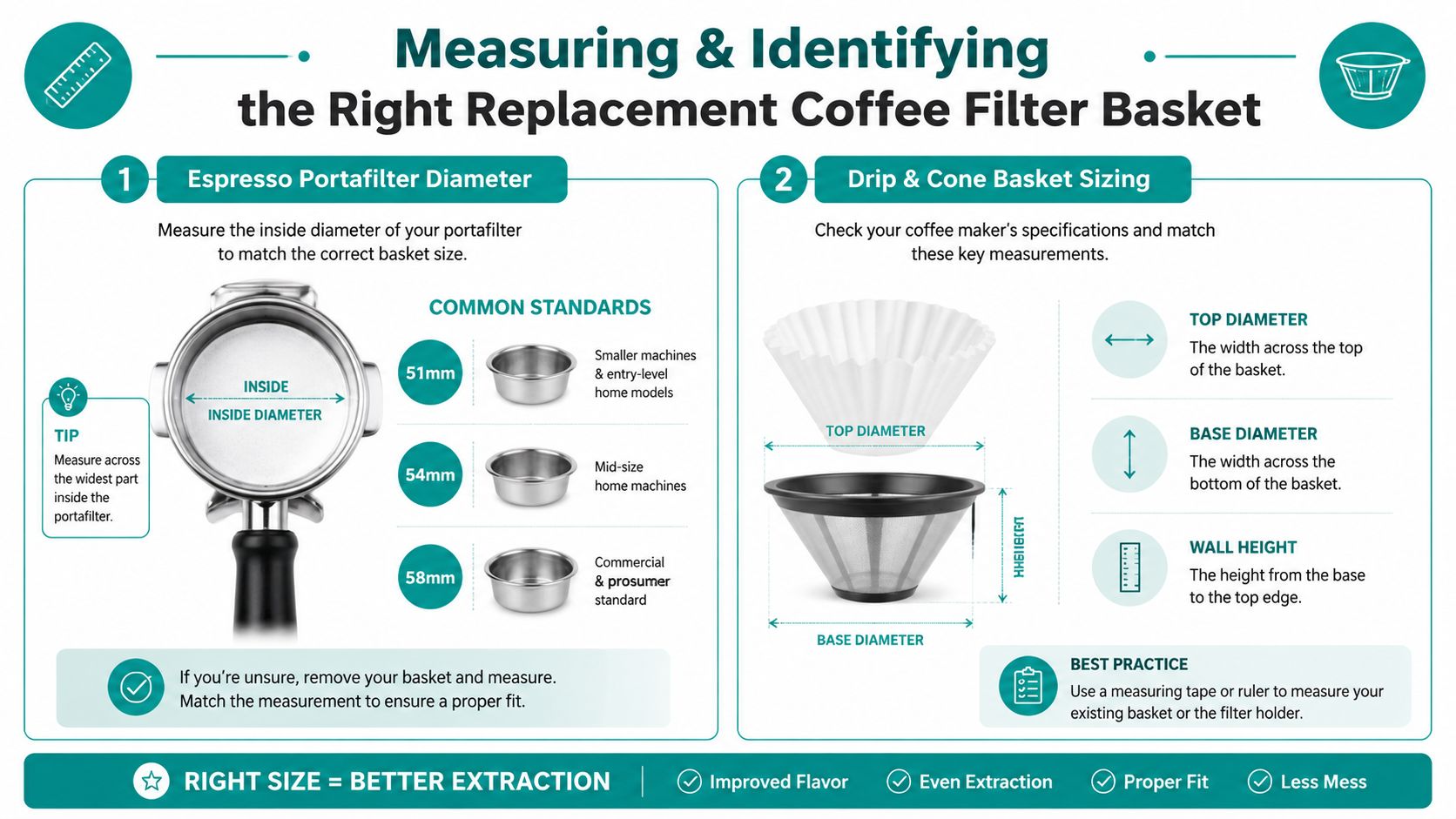 An instructional infographic detailing how to measure espresso portafilters and drip coffee filter baskets for replacements.