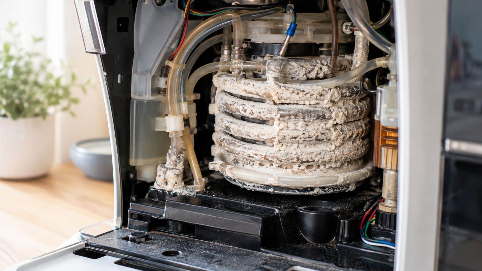 An internal view of a coffee machine showing a heavily calcified heating element covered in mineral deposits.