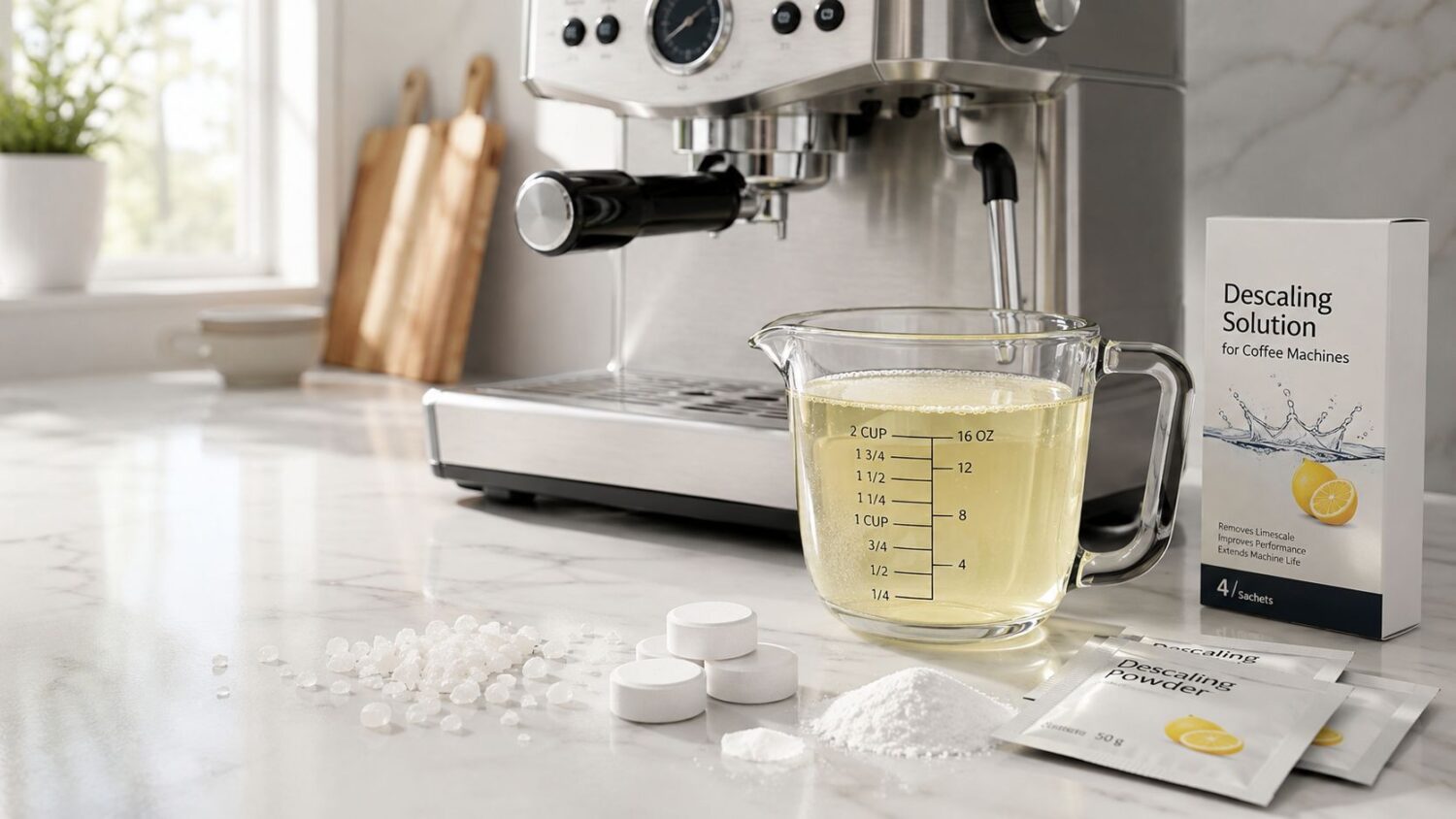 Espresso machine descaling solution, powder, tablets, and crystals on a kitchen counter