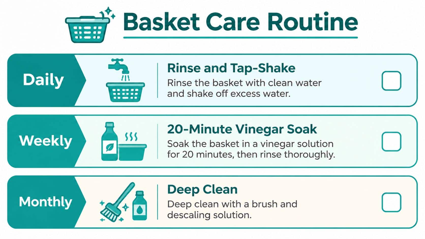 A cleaning infographic showing a daily, weekly, and monthly care routine for coffee maker baskets.