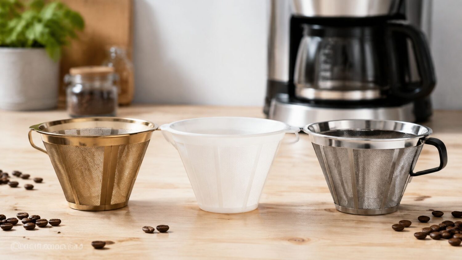 Three reusable coffee filters: gold, white plastic, and silver metal.