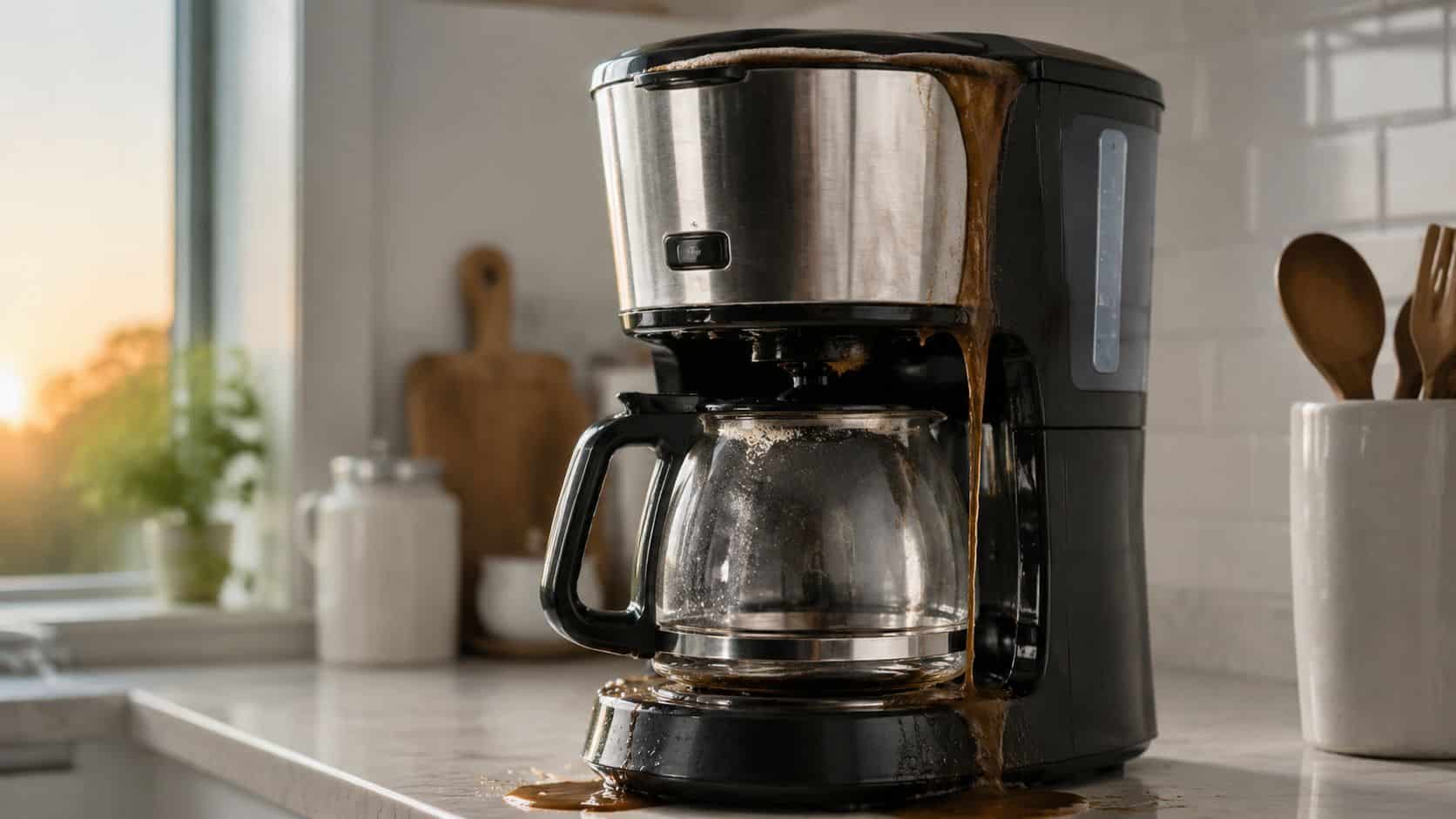 A black coffee maker overflowing with coffee grounds and liquid spilling onto the kitchen counter.