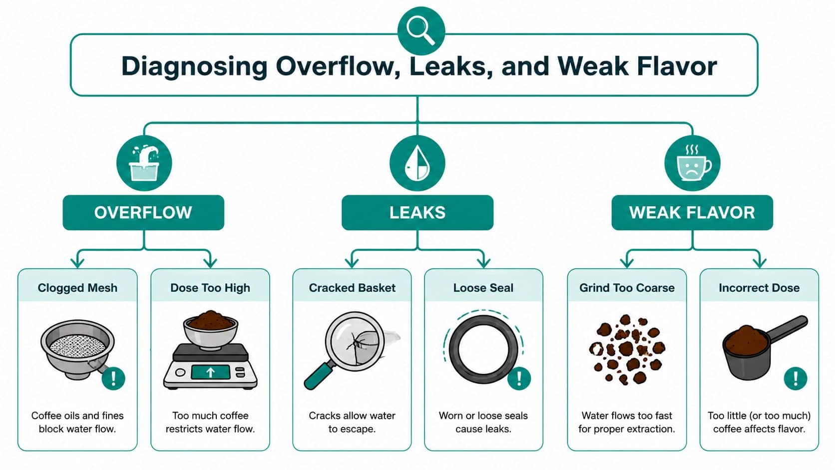 A diagnostic flowchart identifying common coffee maker issues like overflow, leaks, and weak flavor with solutions.
