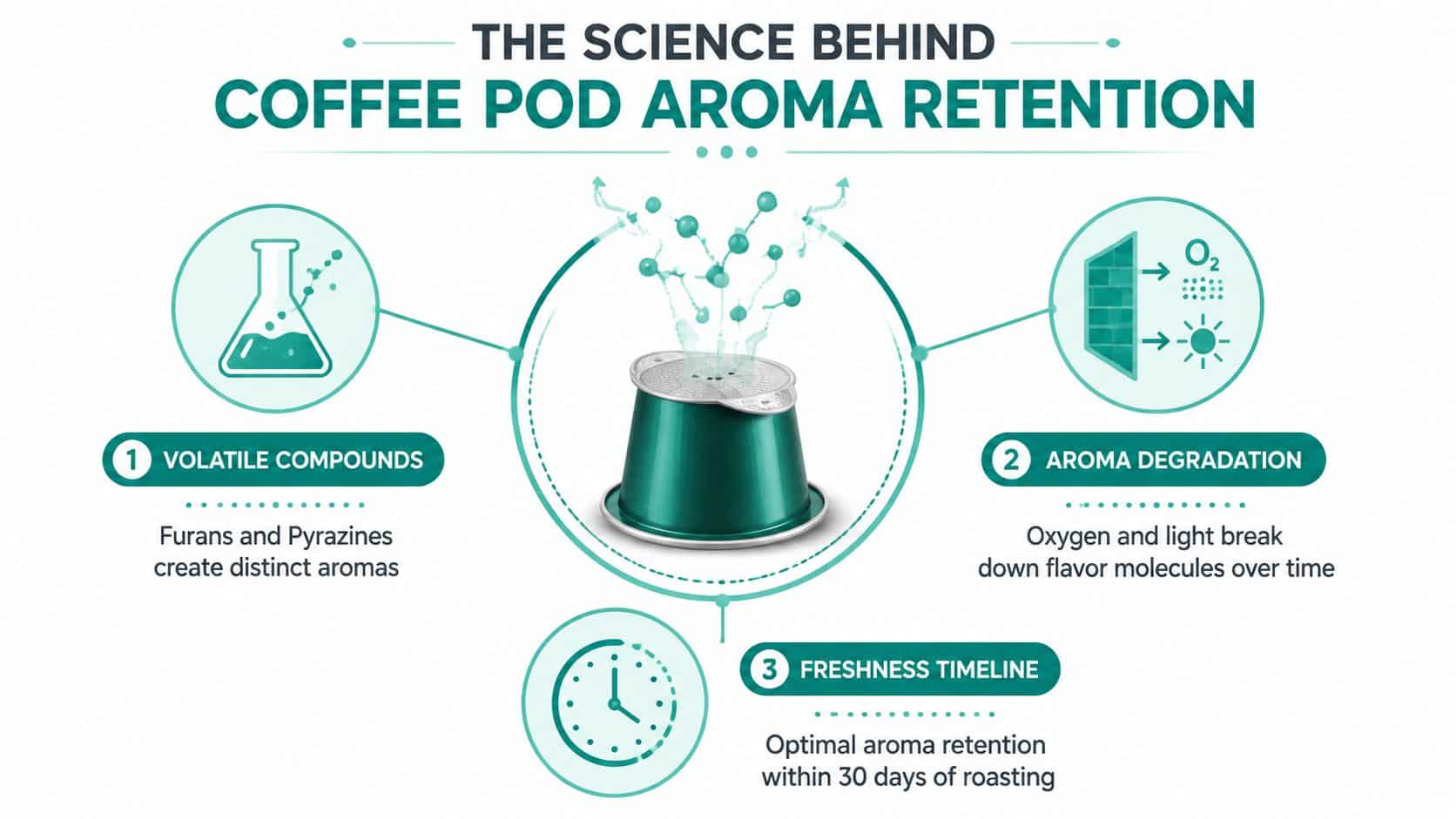 An infographic showing the scientific process of how coffee pods retain their aroma over time.