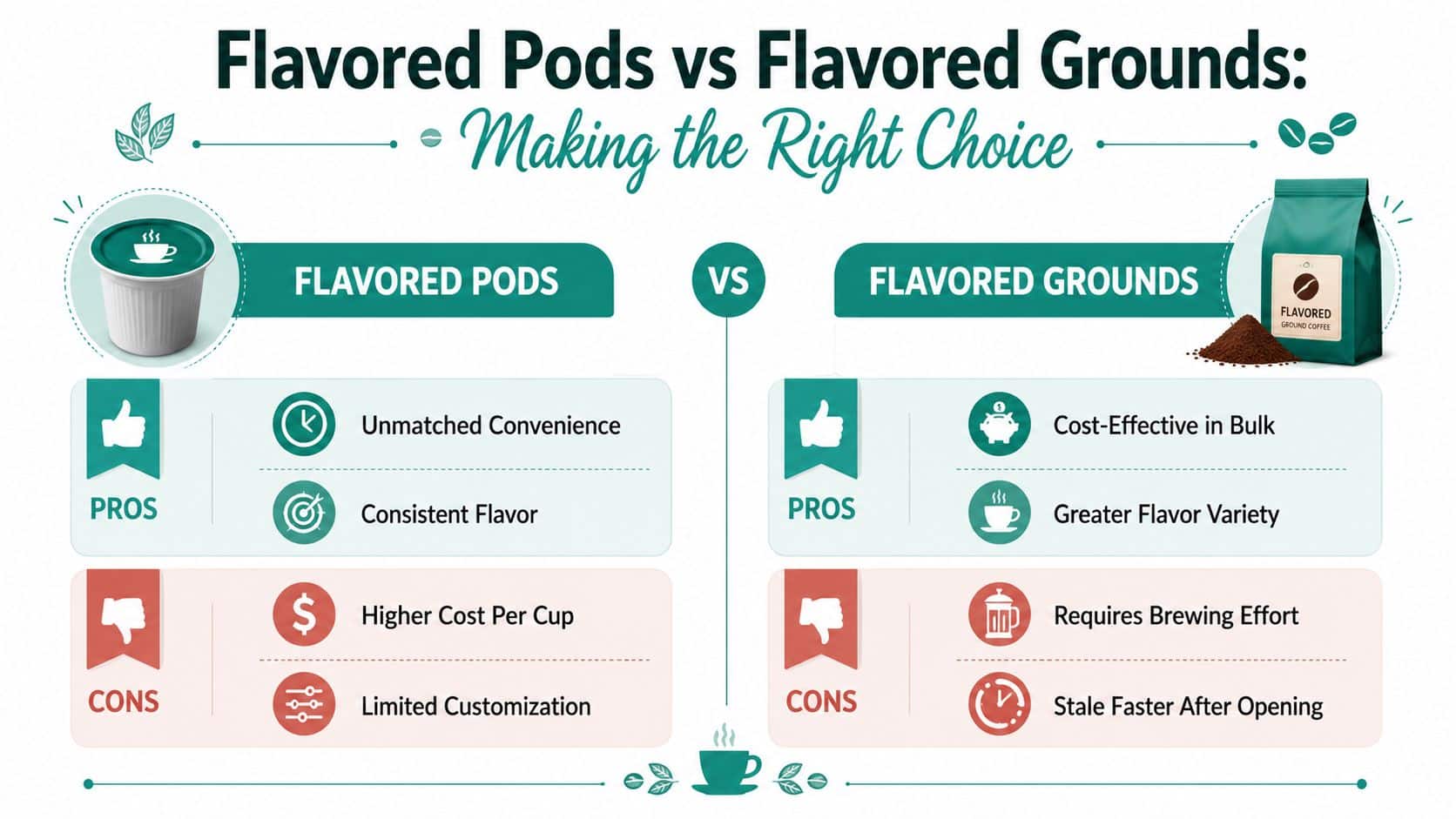 An infographic comparing pros and cons of using flavored coffee pods versus flavored coffee grounds for brewing.