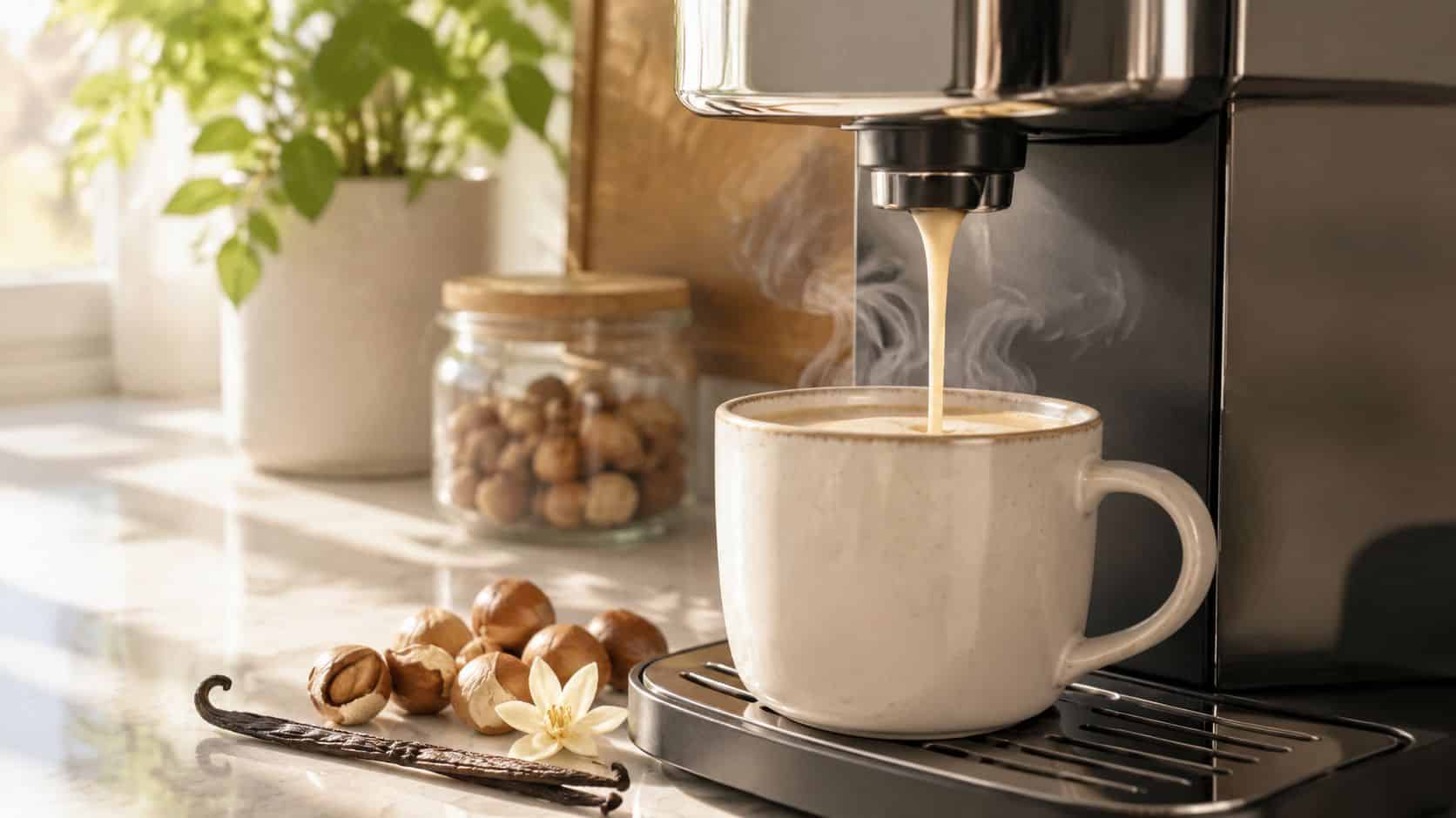A cup of creamy coffee being poured from a machine with hazelnuts and vanilla beans nearby.
