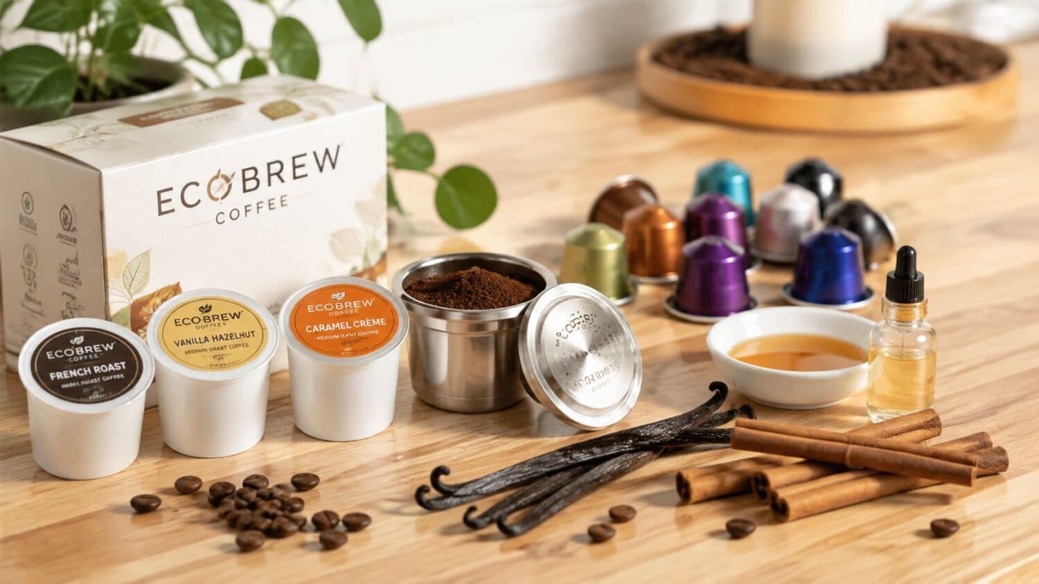 EcoBrew coffee pods, French Roast, Vanilla Hazelnut, Caramel Creme, and reusable pods.