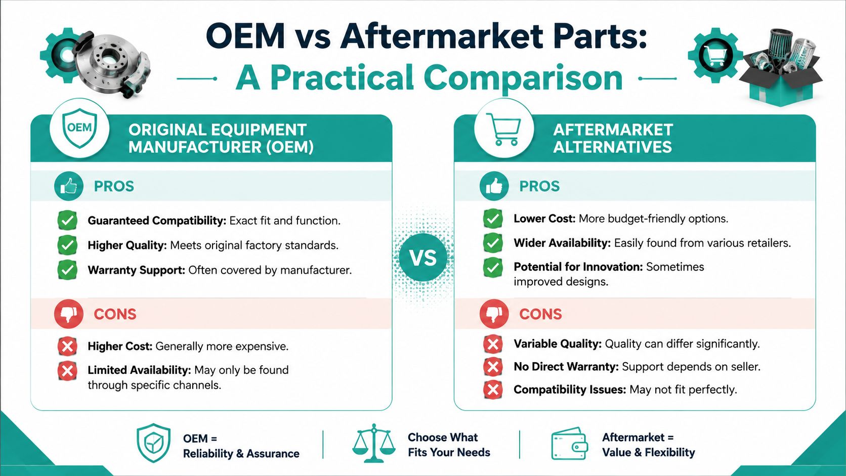 A comparison chart highlighting the pros and cons of choosing OEM versus aftermarket parts for vehicle repairs.