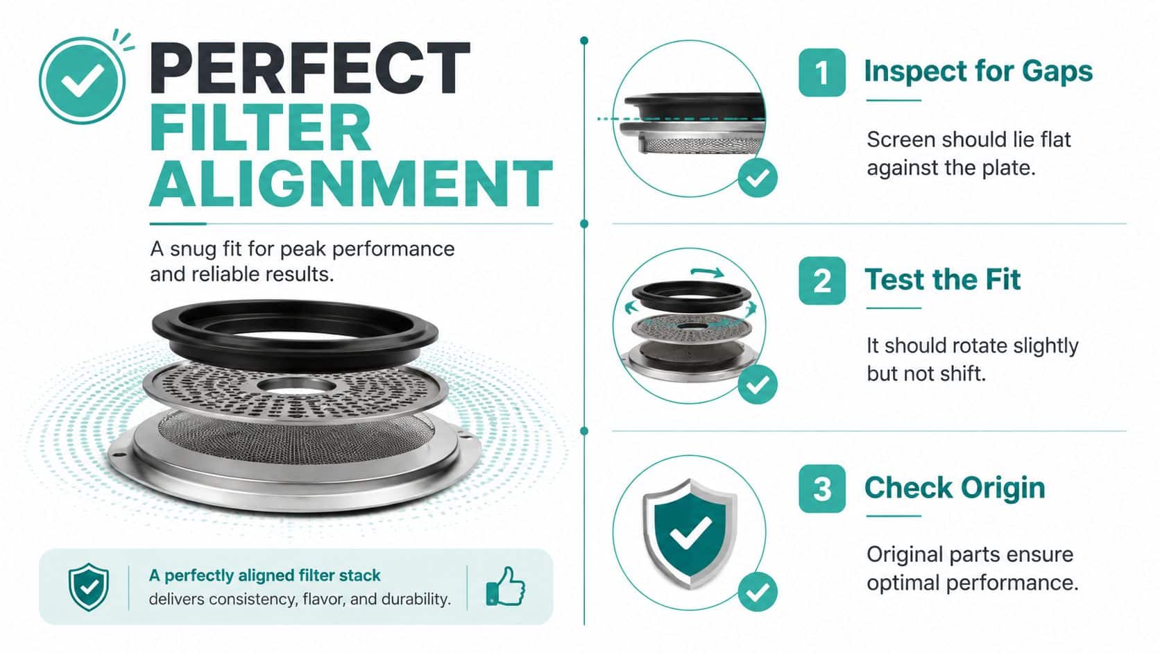 A diagram demonstrating the correct assembly and alignment of French press filter components for optimal performance.