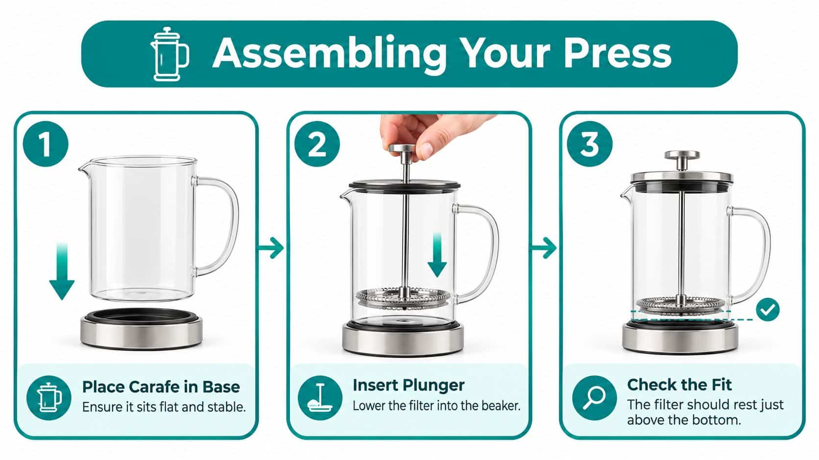An instructional graphic demonstrating the three simple steps to assemble a French press coffee maker correctly.