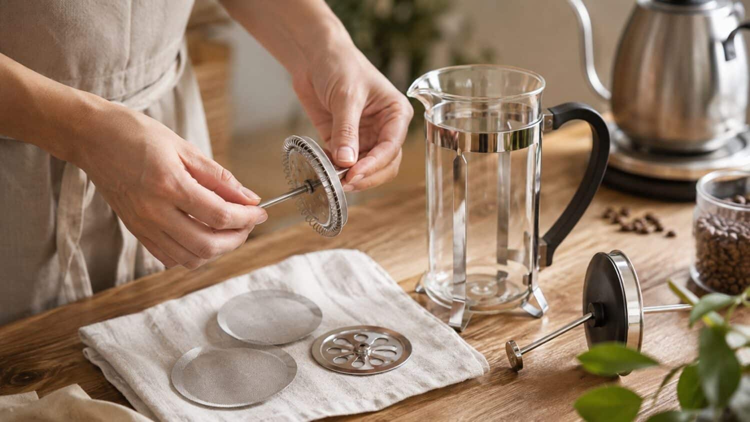 Hands assembling French press coffee maker with grounds and kettle nearby