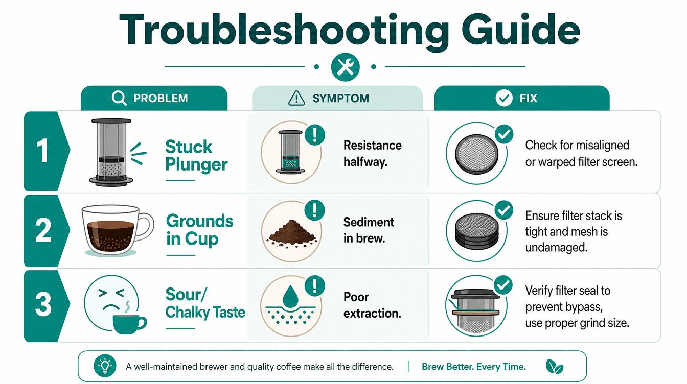 A troubleshooting guide for a coffee brewer showing how to fix plunger, sediment, and taste issues.