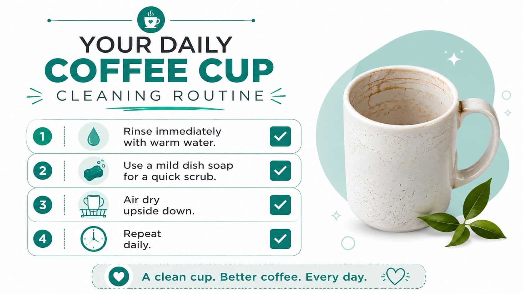A helpful infographic showing a four-step guide on how to properly clean a coffee mug daily.