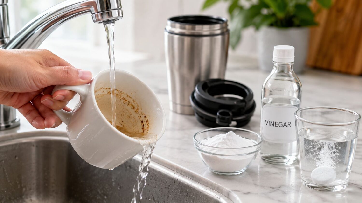 Hand rinsing stained coffee mug with baking soda, vinegar, and tablet nearby