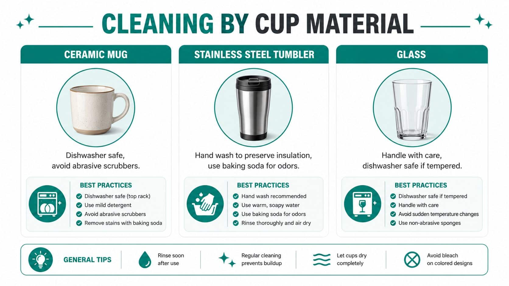 An infographic titled Cleaning By Cup Material providing instructions for ceramic mugs, stainless steel tumblers, and glass.